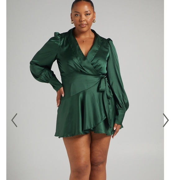 Showpo Dress Women Size 16 Green Satin Wrap Long Sleeve V Neck Mini Breanna S - Picture 1 of 11